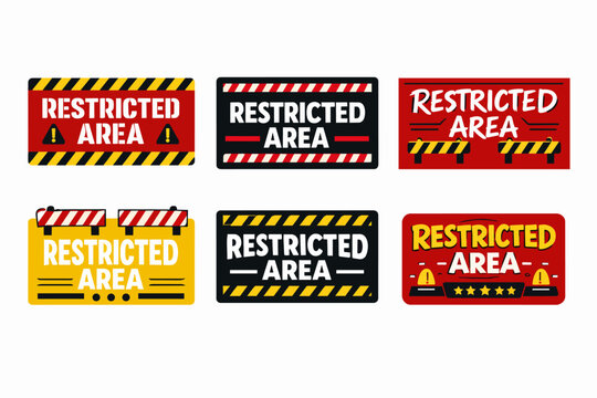 Restricted area signs indicating danger, prohibited access, and security warnings, providing visual communication for forbidden zones and controlled spaces