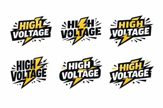 High voltage badge collection with electric lightning bolt warning symbols, creating energy, power, and electricity concepts on a white background