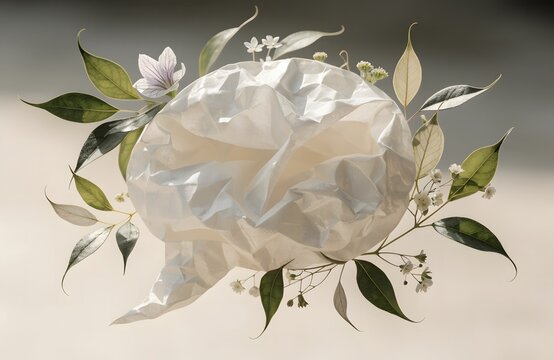 Crumpled paper brain shape floral outline.