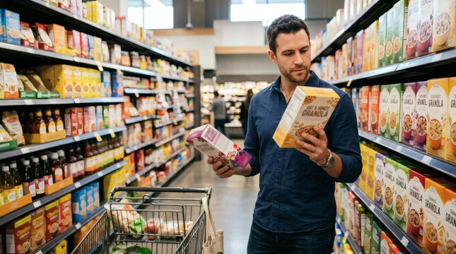 A man in a blue shirt inspects two boxes of cereal in a supermarket aisle, considering his purchase with a shopping cart full of groceries beside him.