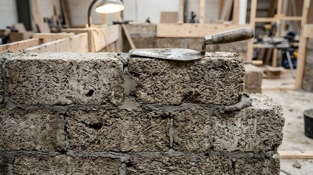 Metal trowel rests on top of a textured wall built from sustainable straw and mud bricks in a busy workshop