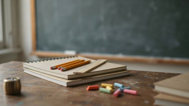 Classroom still life with wooden desk stacked notebooks and chalk &ndash; Suitable for teacher appreciation, school supplies marketing, or study guides.