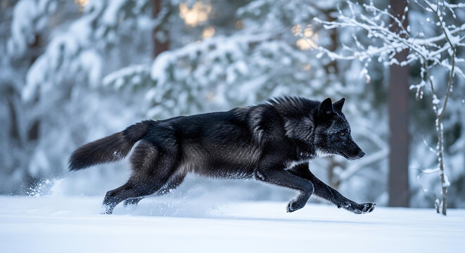 Black wolf running through snowy forest