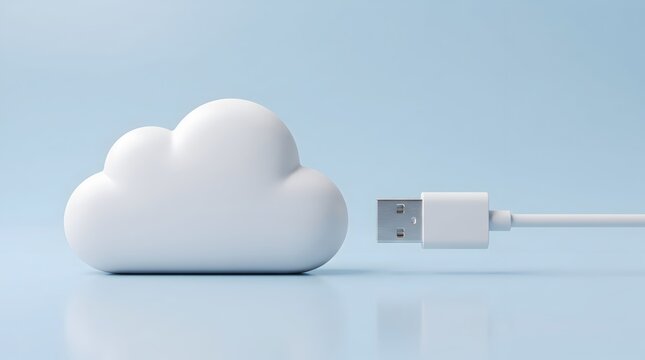 White cloud icon connected to USB cable on light blue background
