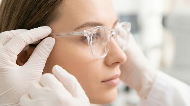 Eyeglasses young woman fitting clear framed spectacles in optical clinic for vision correction and eye health.