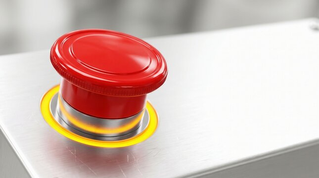 Emergency stop button glowing with warning light on industrial metal control panel for urgent safety system control.