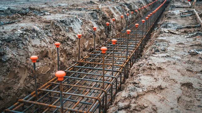 Foundation rebar steel cages in trench, construction site with muddy ground, new building development project