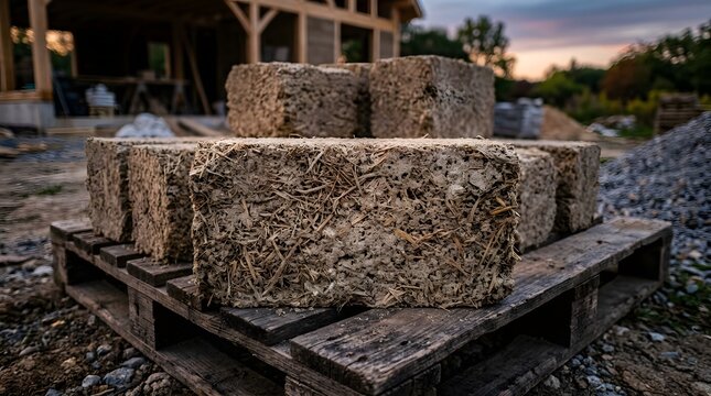 Stacked earth bricks made from natural straw and mud clay sit on a wooden pallet at a rural construction site