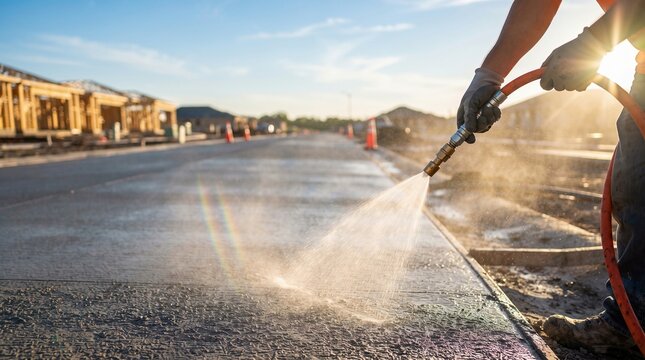 Construction worker spraying water on fresh concrete pavement at residential site, concrete curing and dust control process concept