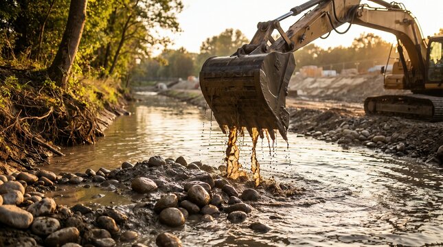 Excavator bucket dredging muddy river stream at sunset, shaping riverbank for environmental construction project.