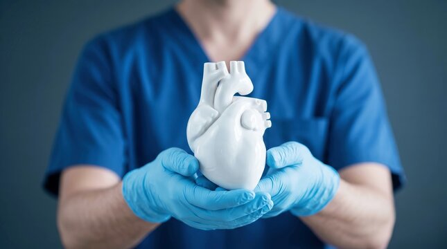 Human heart model held by healthcare worker in protective gloves, symbolizing cardiology and future medicine.