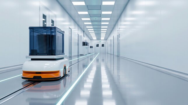 Autonomous robot transporting semiconductor wafers in sterile cleanroom corridor for advanced manufacturing automation.