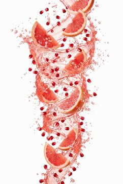 Grapefruit slices and pomegranate seeds splashing in liquid swirl on white background, refreshing fruit beverage concept.