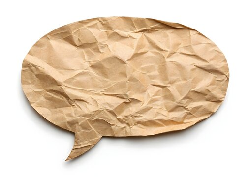 Brown crumpled paper speech bubble card.