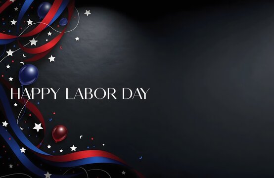 Happy labor day black background with ribbons balloons stars.