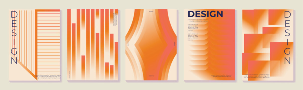Retro mid century modern abstract posters set. Vector geometric layouts with orange gradient, curved shapes, stripes and typography for branding and print design.