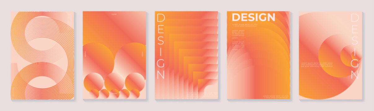 Retro mid century modern abstract posters set. Vector geometric layouts with orange gradient, curved shapes, stripes and typography for branding and print design.