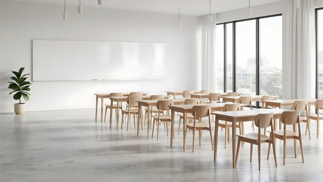 Modern academic classroom interior with clean white board &ndash; Great for higher education marketing, virtual learning backgrounds, or facility presentations.