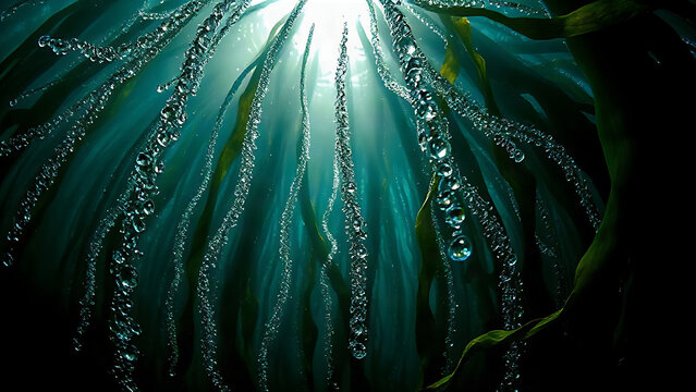Dense underwater kelp forest with streams of tiny oxygen bubbles rising.