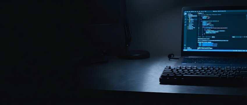 Laptop displaying programming code on dark desk with keyboard in low