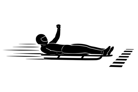 Luge Athlete Silhouette. Finish Line Racing. High Speed Victory Action. Winter Sport Vector Design