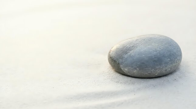 Smooth gray stone resting on white sand, evoking calm and minimalism