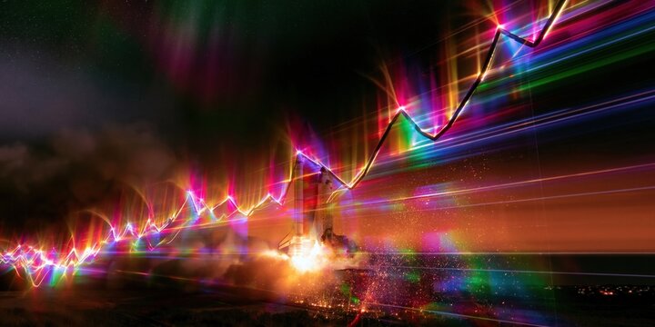 Small rocket lifting off with a glowing chart line tracing its climb against a warm aurora background, for startup growth and energy campaigns