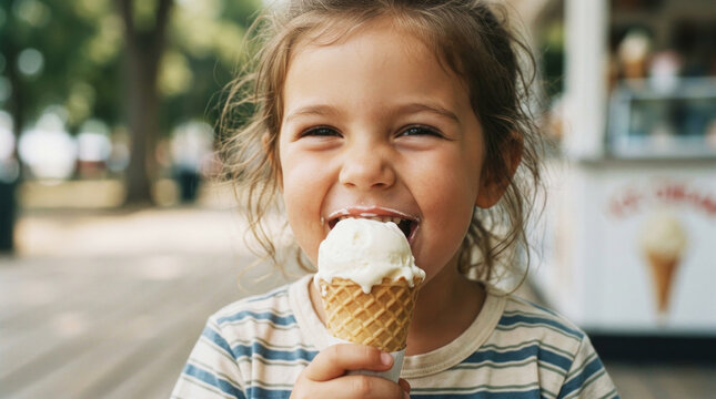 Young girl eating vanilla ice cream in a waffle cone