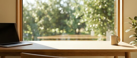 Obraz premium Wooden desk with laptop and plant near window overlooking blurred