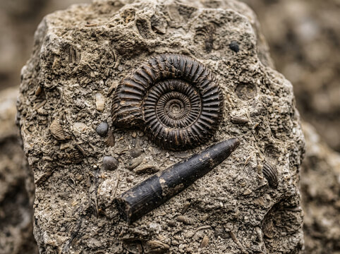 Prehistoric Fossilized Ammonite Spiral and Belemnite Embedded in Rough Stone