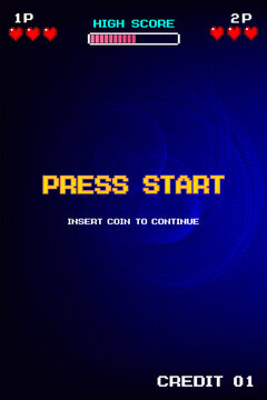 Press Start, insert coins to continue playing. 8-bit pixel art, sci-fi retro futuristic background, glowing neon grid and stars from vintage arcade computer games, vertical background.