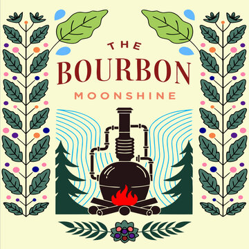Vector, vector graphics, moonshine, corn, berries, maize, label, sticker, blueberry, oak, wormwood, mint, wild berry, rowan, juniper, alcoholic beverages, bourbon, spirits, alcoholic products