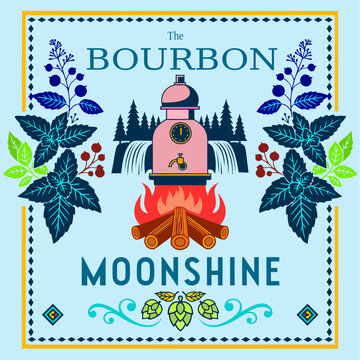 Vector, vector graphics, moonshine, corn, berries, maize, label, sticker, blueberry, oak, wormwood, mint, wild berry, rowan, juniper, alcoholic beverages, bourbon, spirits, alcoholic products