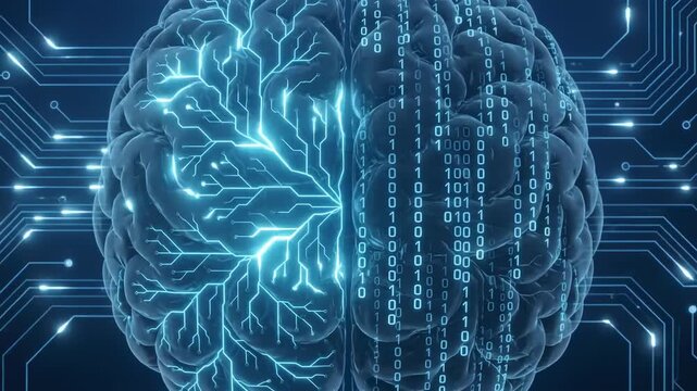 Glowing digital brain with neural network and binary code