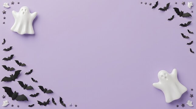 Halloween background featuring white ghost figures and black bats on purple surface