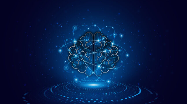 A high-tech digital brain icon on a blue electrical circuit background. Conceptual representation of intelligent automation, artificial neural networks, and intelligent technology systems.