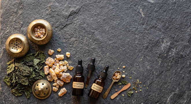 Top down photograph of Sumatran Patchouli leaves and Benzoin resin on volcanic stone