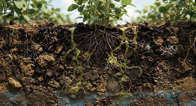A detailed soil cross-section showing liquid chemical pesticides penetrating through agricultural soil layers, plant roots, and underground ecosystem.