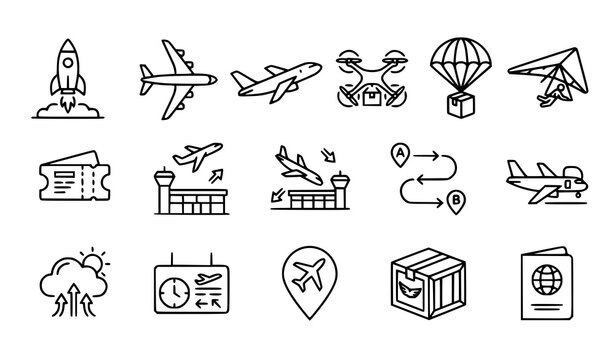 Minimal Aviation Travel and Logistics Line Icons with Aircraft Drone Rocket and Cargo Symbols