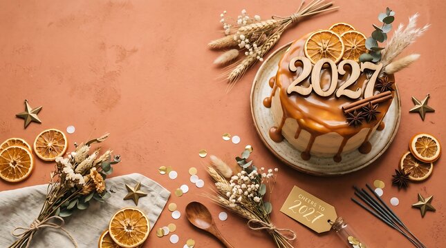 Rustic Happy New Year 2027 celebration cake background with caramel drip dried orange slices and botanical decorations for autumn holiday party bakery marketing and invitation templates