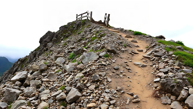 Difficult narrow mountain trail with loose stones and broken handrail, abandoned hiking path