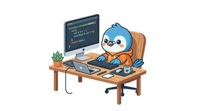 Cute cartoon bird programmer coding at computer desk, illustration