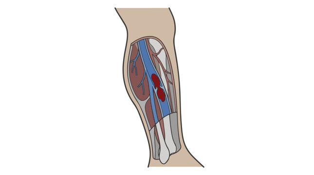Deep vein thrombosis medical vector illustration, blood clot in human leg vein diagram, DVT vascular disease infographic