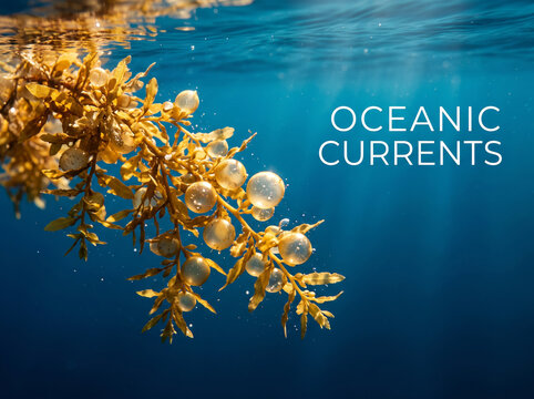 Floating Golden Sargassum Algae Carried By Ocean Currents In Sea