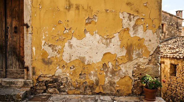 Rustic yellow stucco wall background with peeling paint and exposed stone for Mediterranean village architecture rustic poster backdrop and vintage travel design assets