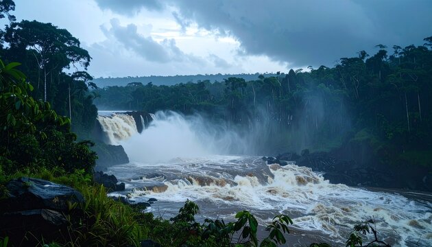 Majestic Waterfall Surrounded by Lush Green Rainforest.