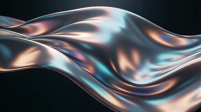 Abstract - 3D animation of flowing glossy metallic silk fabric waving smoothly with iridescent copper and teal reflections against a dark background