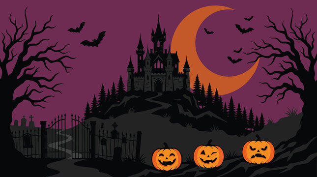 A spooky halloween background featuring a dark haunted castle silhouette with glowing pumpkins under a large orange crescent moon sky