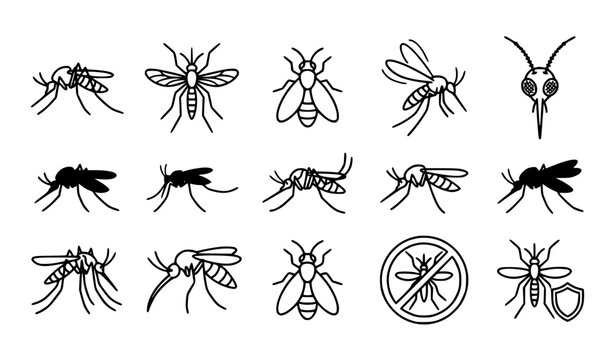 Mosquito clipart and line art icon set black vector symbols for pest control and public health