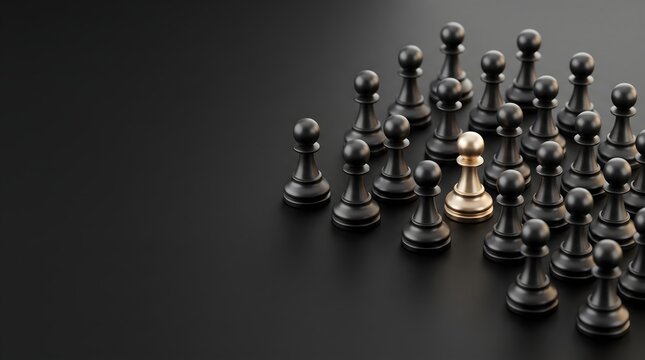 Golden chess pawn stands out among black pawns on dark background